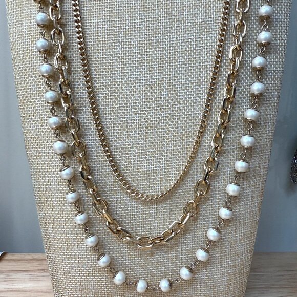 Ann Taylor Long Layered Gold-Tone Necklace With Faux Pearl Accents - Picture 2 of 15